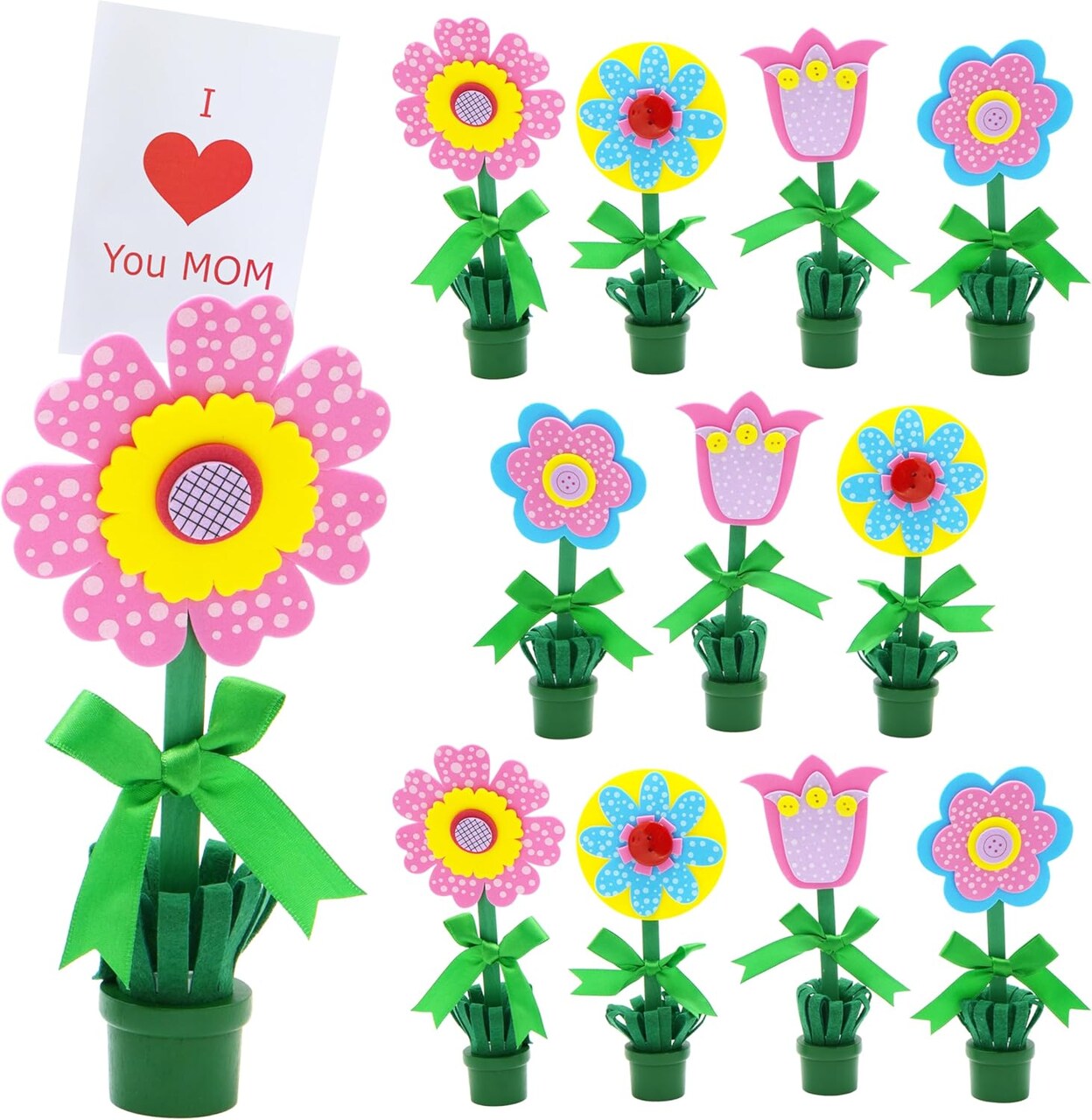 4E's Novelty Foam Flower Pot Craft Kit DIY Bulk 12 Pack Spring Crafts for Kids, Mothers Day Card Holder, Recipe or Picture Holder DIY Mothers Day Gifts from Kids School Classroom Home Activities